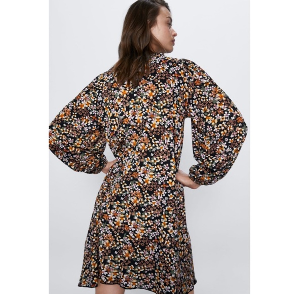 NWT Zara Floral Satin Boho Balloon Sleeve Dress - Picture 4 of 6